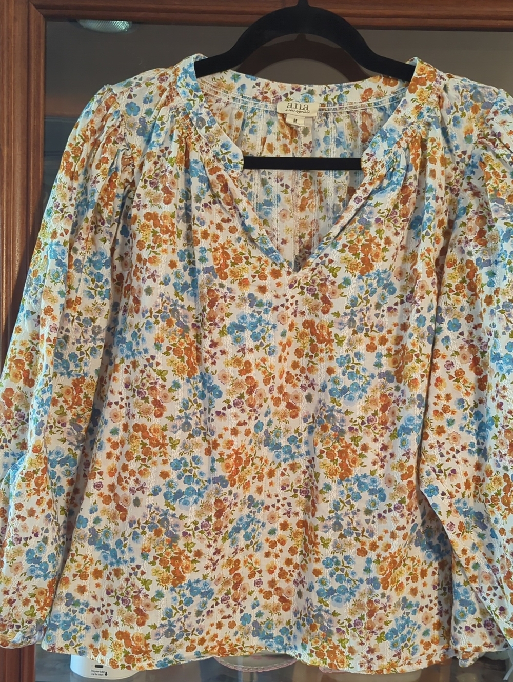 a.n.a Floral V-Neck Peasant Blouse in Blue and Brown